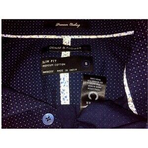 DENIM & FLOWER Slim Fit Mens 100% Cotton Blue White Dot Long Sleeve Dress Shirt